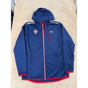 TYR USA Water Polo Hoodie Men's size Large Navy blue Red Olympic Full Zip EUC